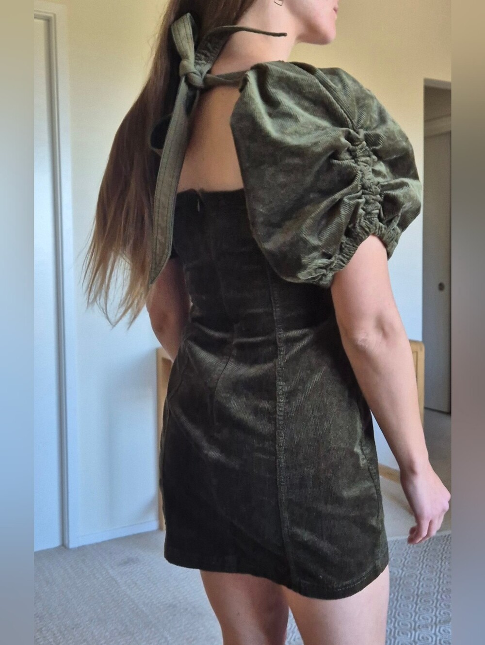 Pilcro Olive Green Puff-Sleeve Corduroy Mini Dress - Picture 4 of 8
